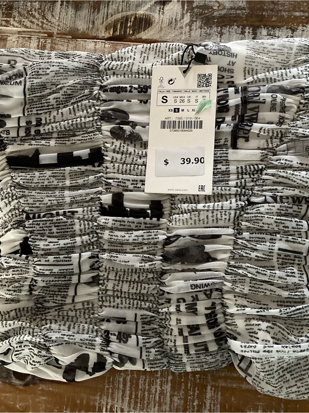 Zara Black & White Newspaper Print Ruched Tube top